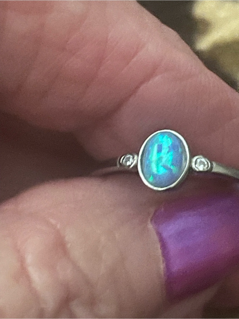 Steel Blue Sterling Ring with Iridescent Blue-Green Opal size 9-9.25